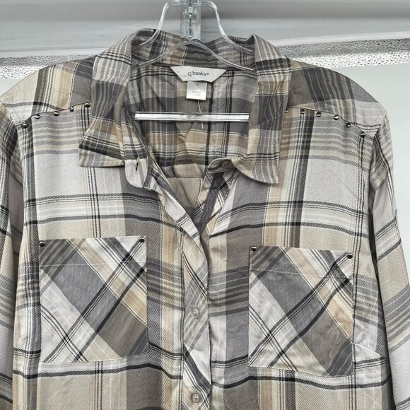 CJ Banks Womens Plaid Button Up Top Long Sleeve Multicolored Size X Studded - Picture 2 of 9